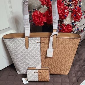 Michael Kors Signature Cream and Tan Tote with Wallet